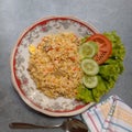 A high angle view of plate of fried rice