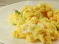 High angle view of a plate of yellow scrambled eggs.