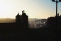 High angle view of Porto City at sunset with Igreja dos Grilos Church of St. Lawrence silhouette - Porto, Portugal