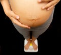 High angle view of pregnant woman standing on scales weight balance