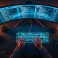 High-angle view of programmer\'s hands, cropped at the wrists, typing quickly on an illuminated keyboard under the moody blue and Royalty Free Stock Photo