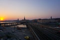 High angle view of railroad tracks against sky during sunset Royalty Free Stock Photo