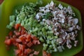 High angle view of raw diced mixed vegetables on cutting board