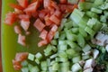 High angle view of raw diced mixed vegetables