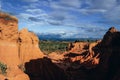 High angle view of the rocks and wild plants under the cloudy sky at the Tatacoa Desert, Colombia Royalty Free Stock Photo