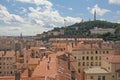 High angle view on the roofs of Lyon, with fourviere hill in the background