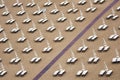 High angle view of the rows of folding chairs and umbrellas at the beach at daytime