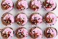 High angle view rows of valentines day cupcakes