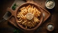 A high angle view of a rustic bowl of homemade pasta generated by AI