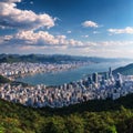 The high angle view of Seoul during the day with the blue sky and beautiful clou...