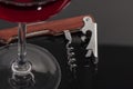 High angle view with shallow depth of field of a glass of red wine with a sommelier tools Royalty Free Stock Photo