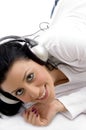 High angle view of smiling woman enjoying music Royalty Free Stock Photo