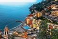 High angle view of Sori village and beach coast, Genova, Liguria