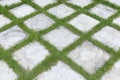 High angle view of square grid concrete stone or marble tile walkway pavement floor with green grass, Use for background and Royalty Free Stock Photo