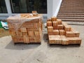 High angle view of stack of bricks at construction site