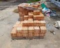 High angle view of stack of bricks at construction site