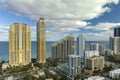 High angle view of Sunny Isles Beach city with expensive highrise hotels and condo buildings on Atlantic ocean shore Royalty Free Stock Photo