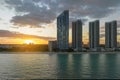 High angle view of Sunny Isles Beach city at sunset with expensive highrise hotels and condo buildings over beachfront Royalty Free Stock Photo