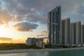 High angle view of Sunny Isles Beach city at sunset with expensive highrise hotels and condo buildings over beachfront Royalty Free Stock Photo