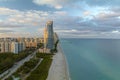 High angle view of Sunny Isles Beach city at sunset with expensive highrise hotels and condo buildings over beachfront Royalty Free Stock Photo
