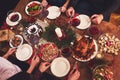 High angle view of table served for Christmas family dinner. Tab Royalty Free Stock Photo