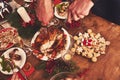 High angle view of table served for Christmas family dinner. Tab Royalty Free Stock Photo