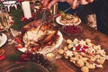 High angle view of table served for Christmas family dinner. Tab Royalty Free Stock Photo