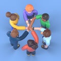 High angle view of a team of united coworkers standing with their hands together in a huddle