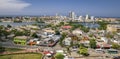 High angle view to Old Town Cartagena on a sunny day from Castle San Felipe de Barajas, Colombia