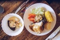 High angle view of traditional Maori food they called Kai, usually cooked under the ground in ovens called hangi.