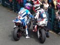 High-angle view of two bikers - Isle of Man and senior Tourist Trophy Winners