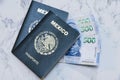 High angle view of two Mexican Passports and pesos on the table under the lights Royalty Free Stock Photo