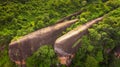 High angle view from unmanned aircraft. Popular tourist attraction. Three whale stones. Bird eye view shot of three whales rock.