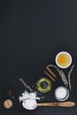 high angle view various baking ingredients black background. High quality photo Royalty Free Stock Photo