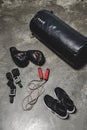 high angle view of various boxing equipment lying Royalty Free Stock Photo