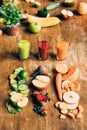 high angle view of various healthy smoothies in glasses and fresh ingredients Royalty Free Stock Photo