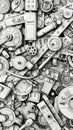 High-angle view of various mechanical parts forming a complex machine. Representation of futuristic technology and