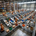 Vast Automated Warehouse with Rows of Robotic Arms Sorting Parcels on Conveyors Royalty Free Stock Photo