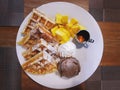 Waffle Chocolate Ice Cream with Honey Syrup Royalty Free Stock Photo