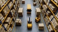 High angle view of warehouse full of stacked boxes and two forklifts. Generative AI Illustration. Royalty Free Stock Photo