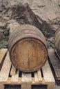 High angle view of whiskey barrel on wooden pallet