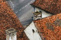 High angle view of worn rooftops and chimneys of house in old town of Petrovaradin, now part of Novi Sad Royalty Free Stock Photo