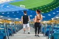 high angle view of young sportive couple walking downstairs Royalty Free Stock Photo