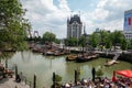 High-angle of 'Old Canals' of Rotterdam port with boats and ships a view on Williamsburg