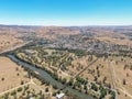 High angle XXL aerial drone view of the country town of Gundagai in New South Wales, Australia, along the Murrumbidgee River Royalty Free Stock Photo