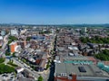 high aspect aerial view of Fishergate main street and over the town cityscape of Preston