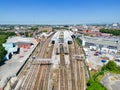 high aspect aerial view of the rear of the train station at Preston