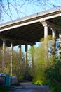 High auto bridge in the city in the summer, under the bridge there trees grow.