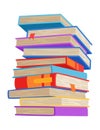 High book stacks or pile. Library textbooks and school literature heaps, dictionaries. Bookstore advertise. Cartoon