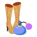 High boot icon isometric vector. Pair of new brown boot and perfume bottle icon